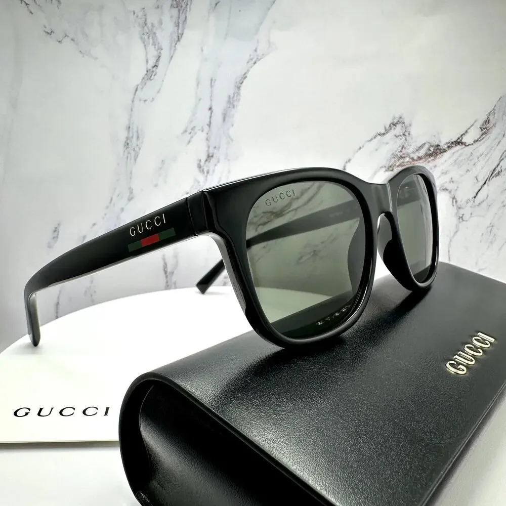 New GUCCI Sunglasses Black 54mm Square Gold Letter Logo Red Green Web Mens